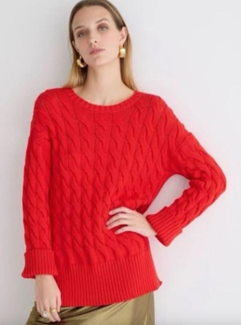 J. Crew Cotton Blend Cable Knit Side Slit Crewneck Sweater Size S/M Fisherman